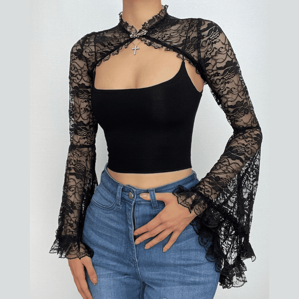 Solid flared sleeve lace hem button hollow out shrug cut out top