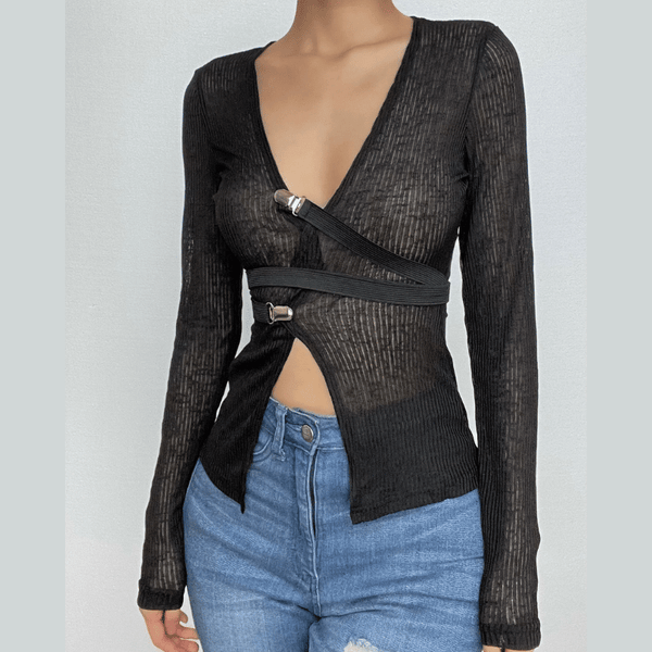 Long sleeve v neck buckle see through textured solid crop top