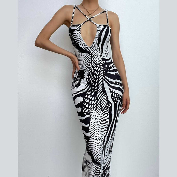 Contrast print cross front backless low cut maxi dress