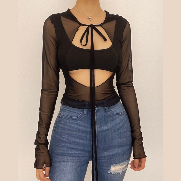 Long sleeve solid mesh hoodie self tie hollow out crop cut out top