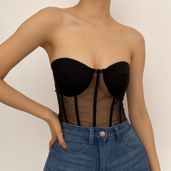 Top bustier con espalda con cordones y espina de pescado de malla 