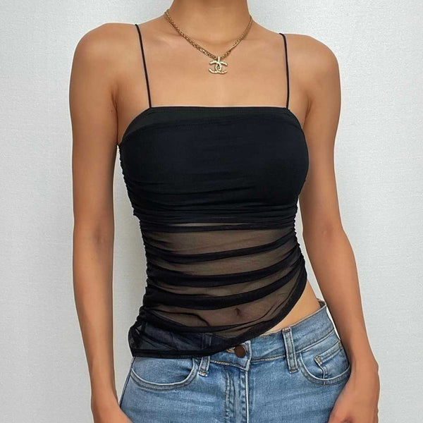 Mesh solid ruched spaghetti strap irregular backless top