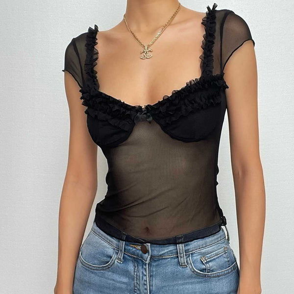 Ruffle v neck mesh patchwork solid cap sleeve backless top