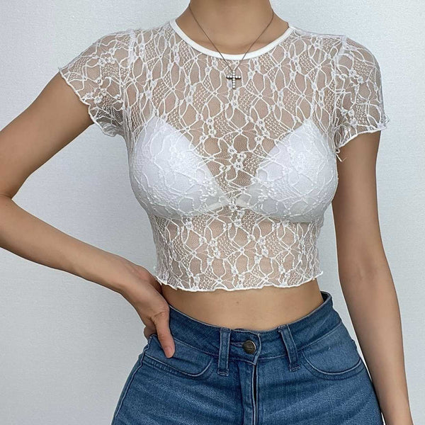 Lace see through solid ruffle short sleeve crewneck crop top