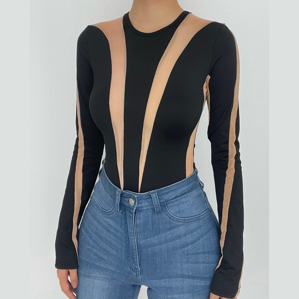 Crewneck long sleeve patchwork contrast bodysuit