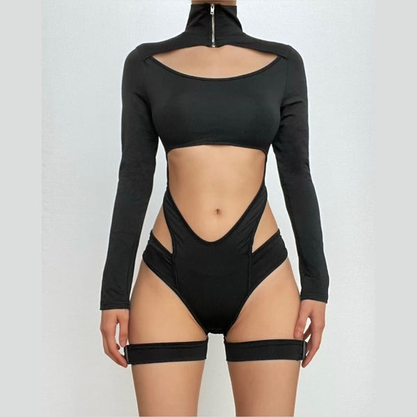 Hollow out zip-up long sleeve button buckle bodysuit