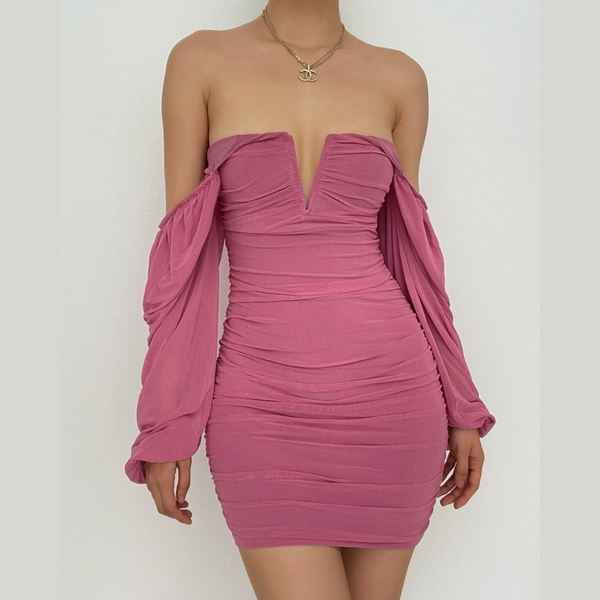 Mesh solid long sleeve ruched notch neck zip-up mini dress