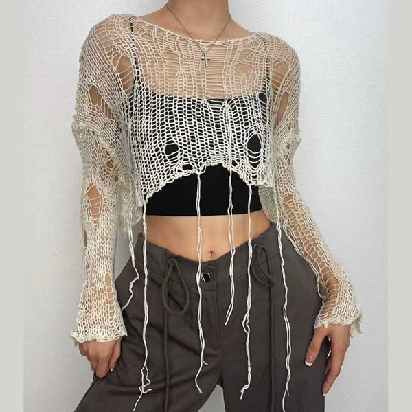 Crochet long sleeve solid hollow out round neck crop cut out top