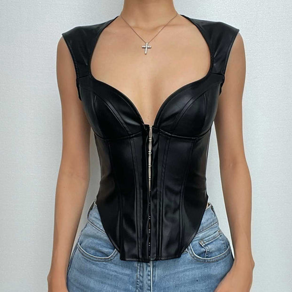 Solid PU leather cap sleeve button corset low cut top