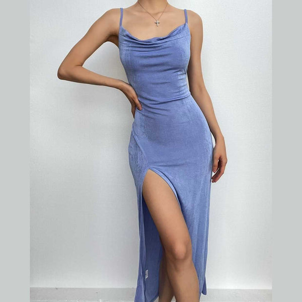 Vestido midi de tirantes irregular liso sin espalda con abertura y cuello vuelto