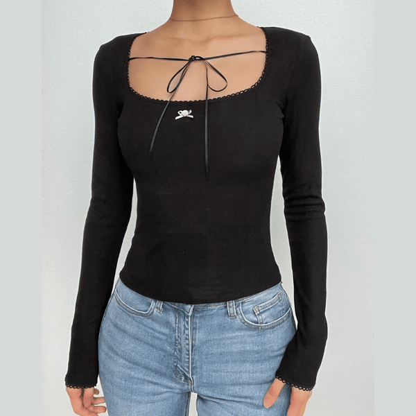 Self tie long sleeve square neck solid top