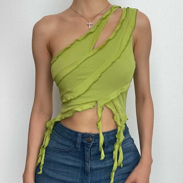 Irregular hollow out ruffle mesh solid one shoulder cut out top