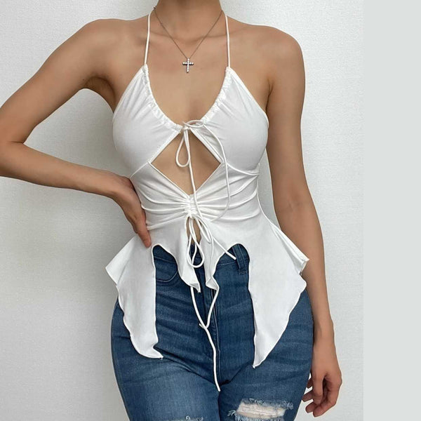 Hollow out ruched halter ruffled tie front cut out top