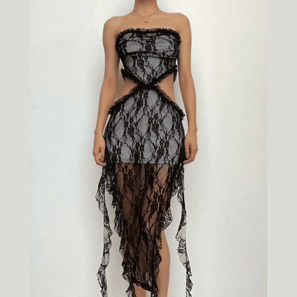 Lace ruffle solid slit hollow out backless tube midi dress