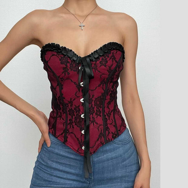 Sweetheart neck backless ruffle button corset contrast top