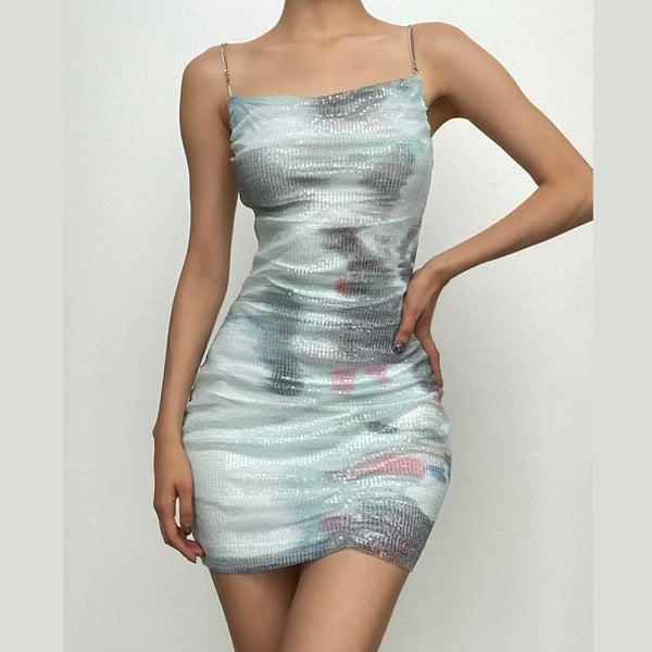 Backless metal chain glitter tie dye contrast ruched mini dress