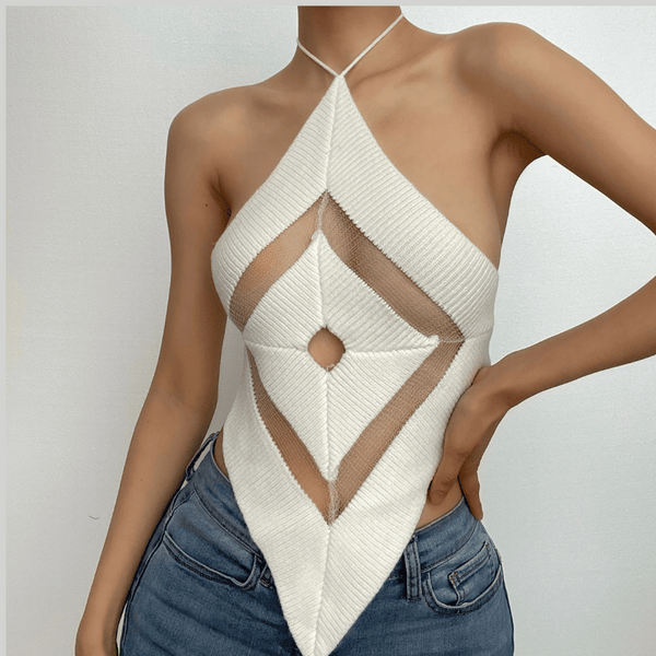 Knitted hollow out halter backless self tie cut out top