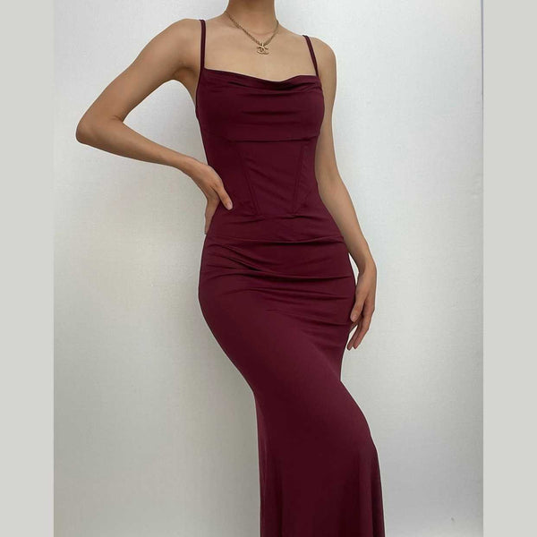 Solid cowl neck backless cami dress