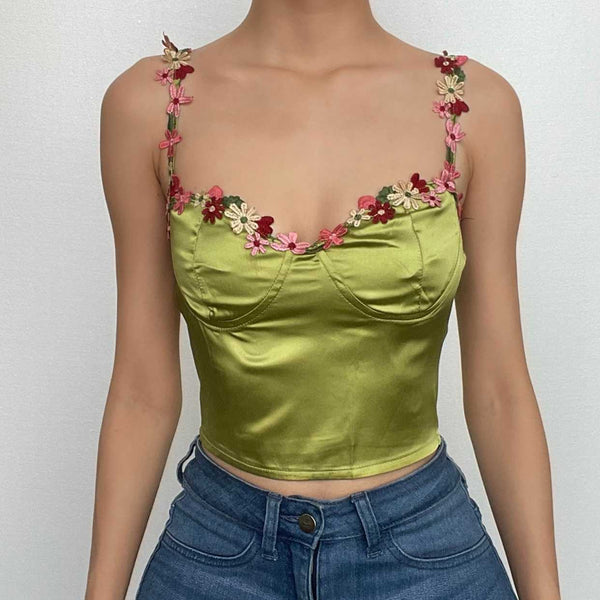 Sweetheart neck flower embroidery zip-up satin cami crop top