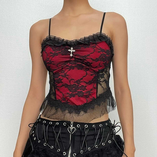 Sleeveless lace hem contrast spider web applique backless crop top