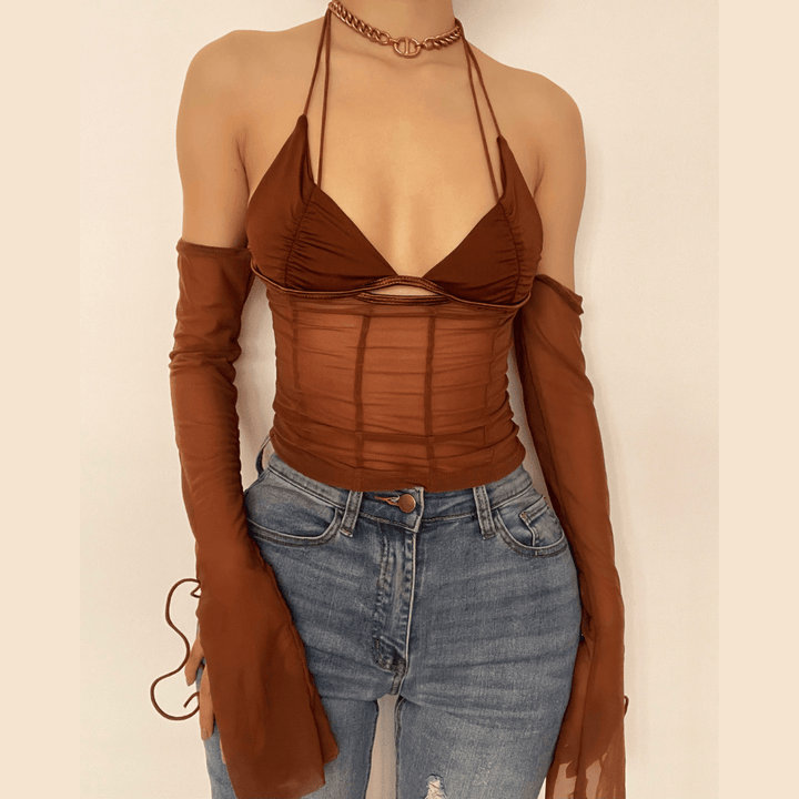 Tie back mesh see-through off shoulder halter top - Halibuy