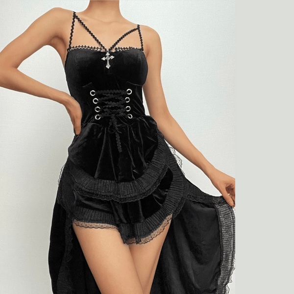 Velvet lace hem ruched lace up backless irregular midi dress