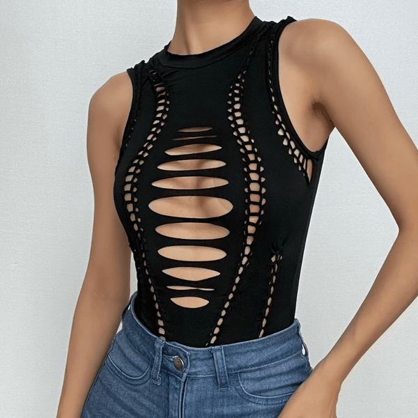 Hollow out crewneck solid sleeveless bodysuit