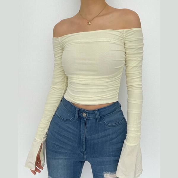 Double layered mesh off shoulder ruched long sleeve solid crop top