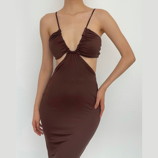 One shoulder backless drawstring hollow out maxi dress