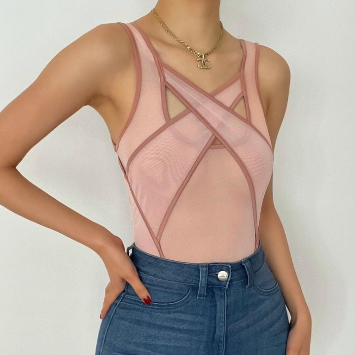 Hollow out patchwork mesh see through bodysuit - Halibuy