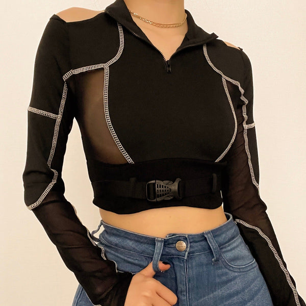 High neck zip-up mesh patchwork long sleeves crop top