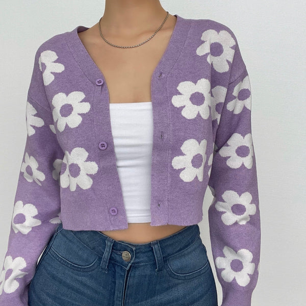 V neck flower pattern button knitted contrast long sleeve cardigan top