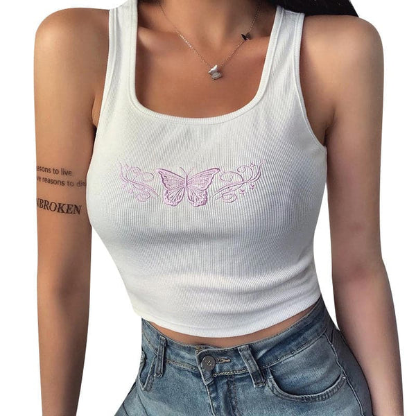 Butterfly embroidery u neck sleeveless ribbed crop top