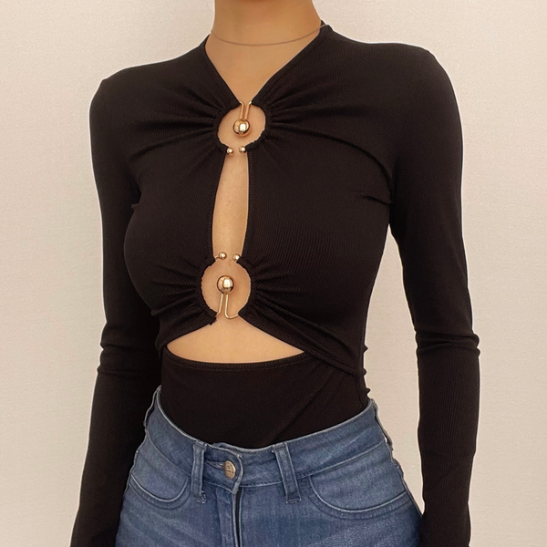 Long sleeve solid hollow out o ring button bodysuit