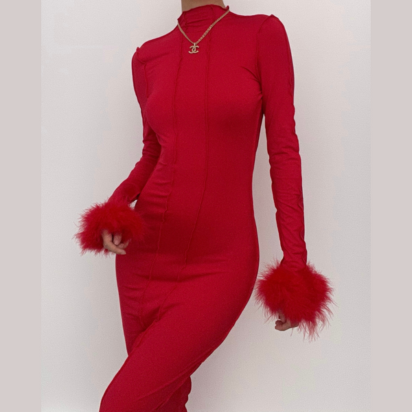 Long sleeve solid feather ruffle high neck backless midi dress