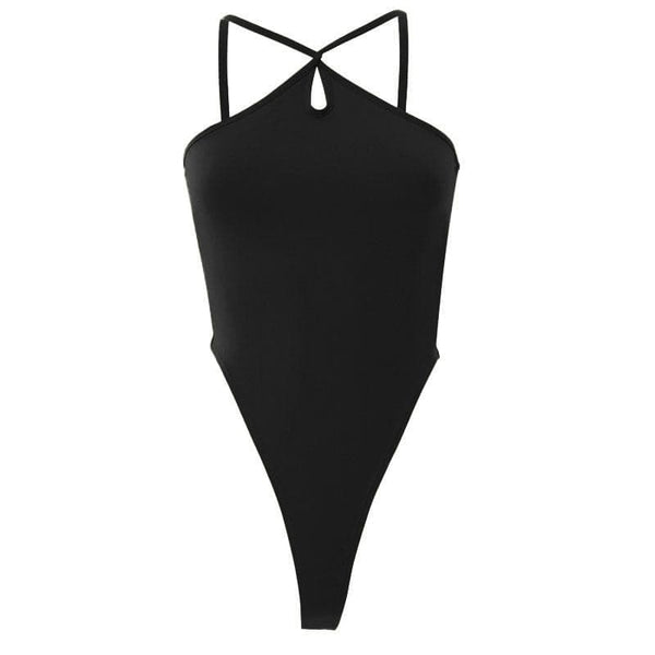 Hollow out cross back solid sleeveless backless bodysuit