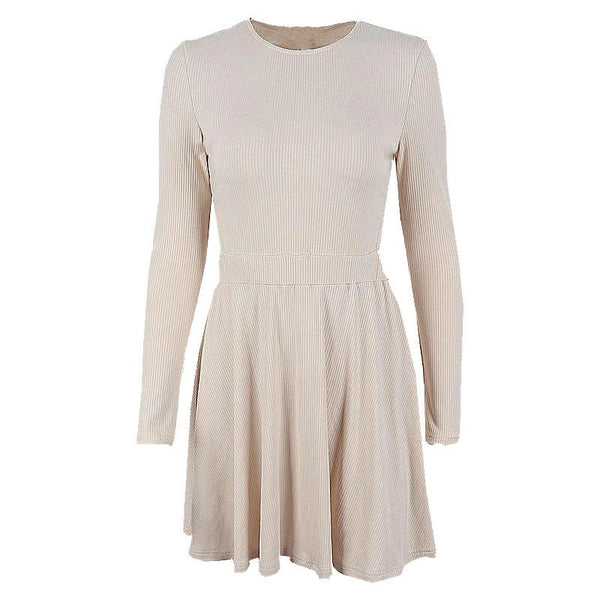 Ribbed long sleeve solid button hollow out crewneck mini dress