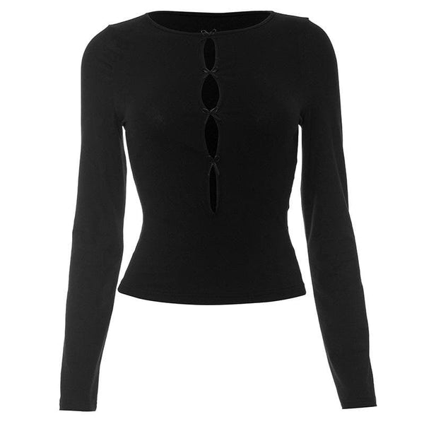 Round neck bowknot hollow out long sleeve solid cut out top