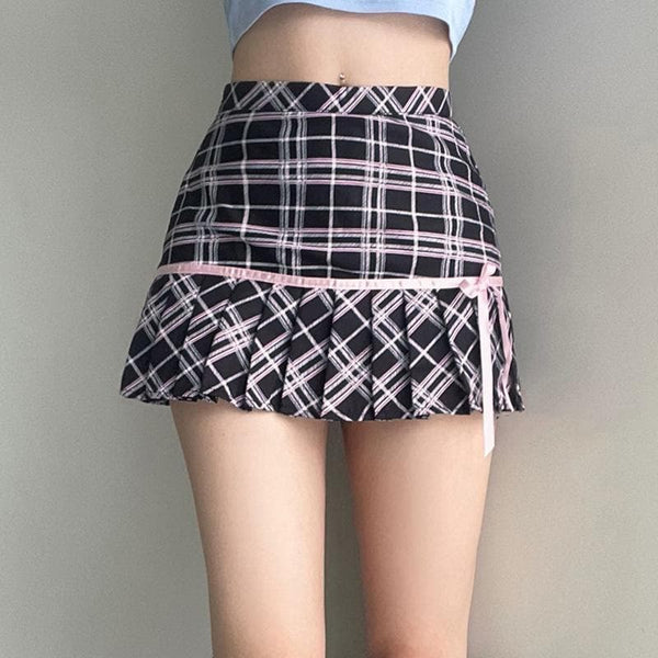 Minifalda plisada de tiro alto con lazo en contraste y cuadros 