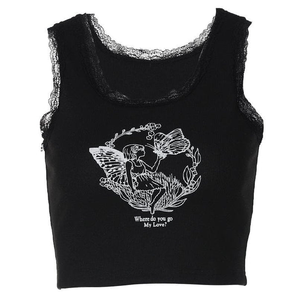 Lace hem butterfly pattern contrast sleeveless ribbed crop top