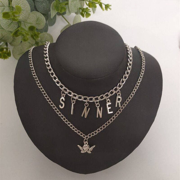 Layered letter pendant choker necklace