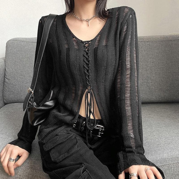 Solid long sleeve knitted slit lace up self tie top