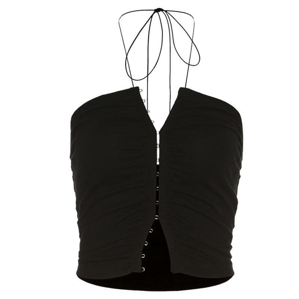 Solid halter ruched self tie backless button crop top