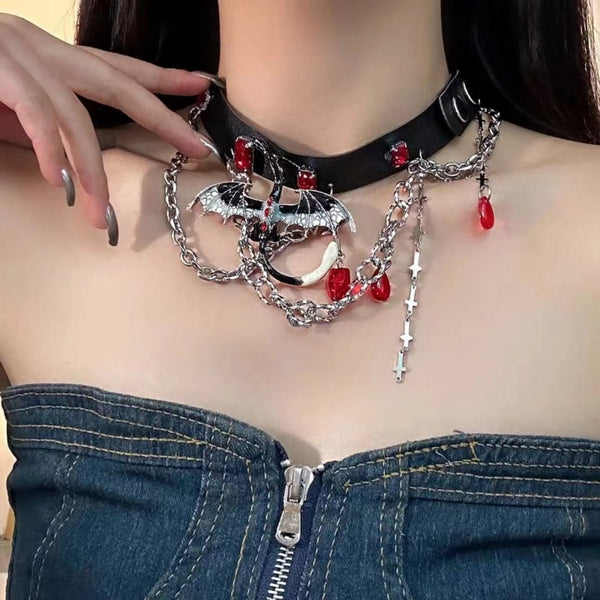 Dragon stone pendant PU leather layered choker necklace