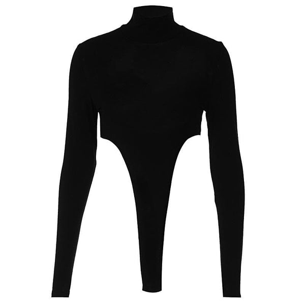 High neck long sleeve solid hollow out backless bodysuit