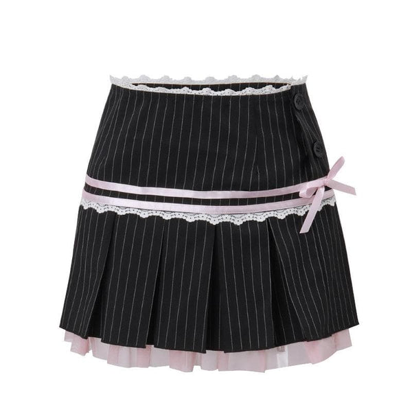 Minifalda plisada con puntada de lazo y dobladillo de encaje con botones a rayas 