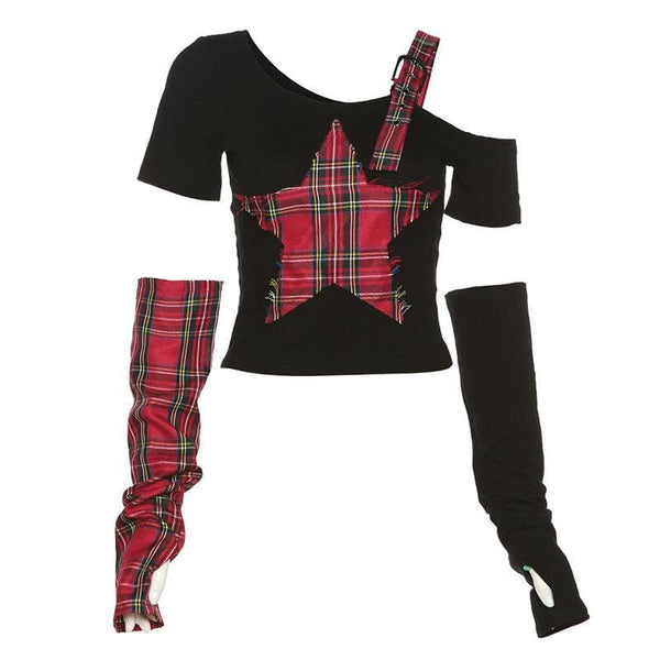 Patchwork irregular plaid contrast gloves off shoulder short sleeve top