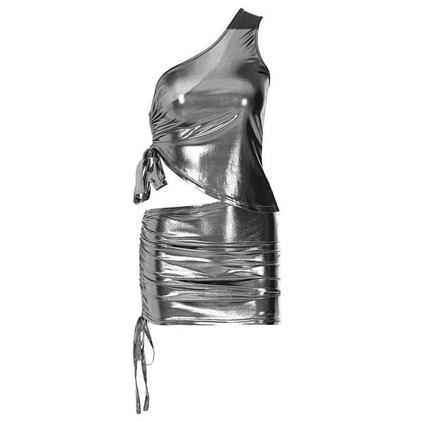 Conjunto de minifalda de un hombro irregular con cordón metálico 