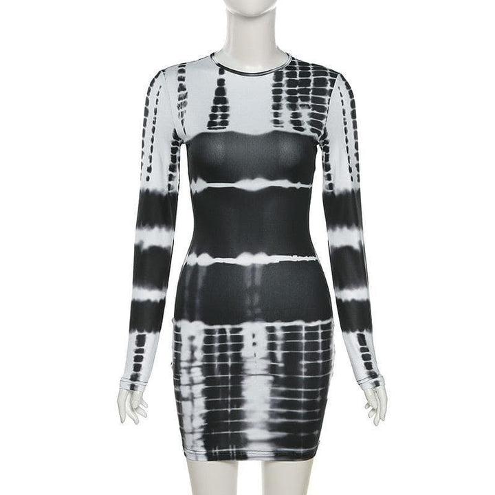 Long sleeve crewneck tie dye bodycon dress - Halibuy