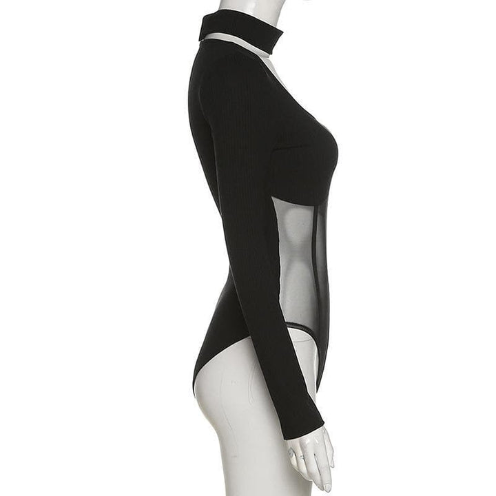 High neck mesh patchwork bodysuit - Halibuy